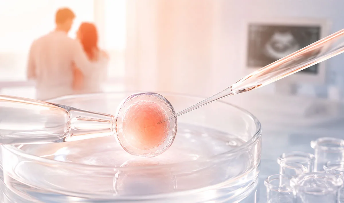 IVF treatment laboratory process — embryologist at the microscope